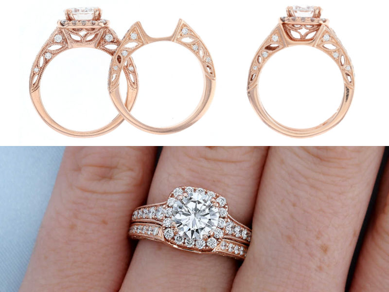 Wedding band with a "scoop out" to scoop under the halo, shown with an engagement ring for a flush look