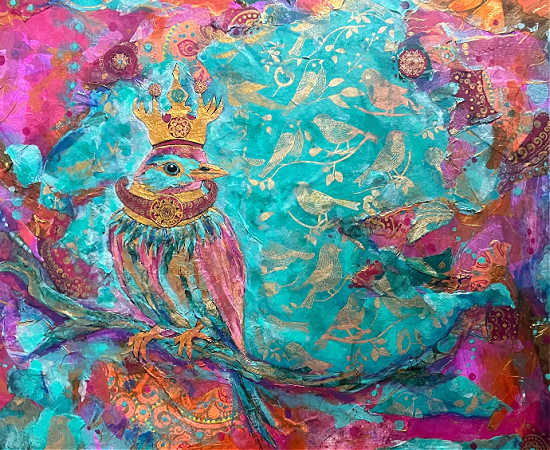 Colorful artwork with a bird wearing a crown on a textured background by Tasia Erickson