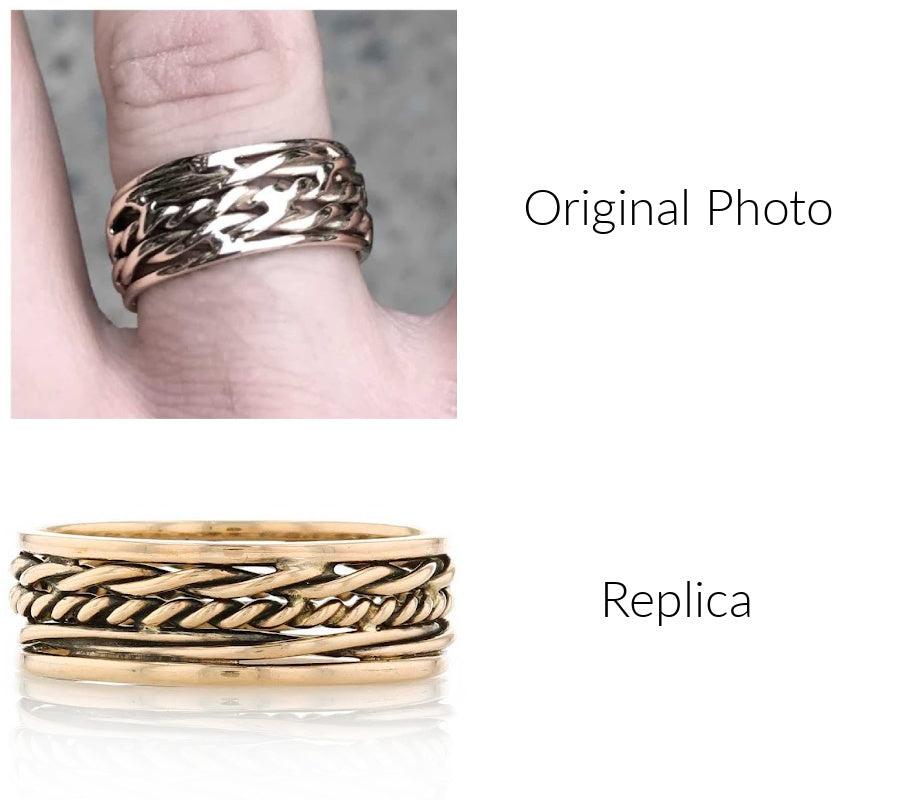 A men's ring that was worn for many years, then lost or stolen, with Fox Fine Jewelry's new replica ring based on the original design..