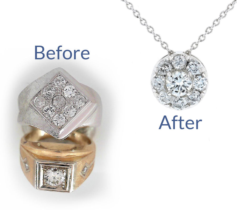 Two large gent's rings with diamonds (one in yellow gold, one in white) turned into a round halo necklace in white gold