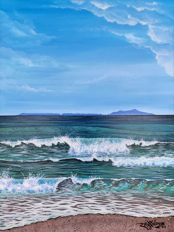 A landscape painting of an ocean scene with turquoise and blue water, white waves, a sandy shore, distant mountains, and a bright blue sky with clouds. Anacapa by Zrondeb.