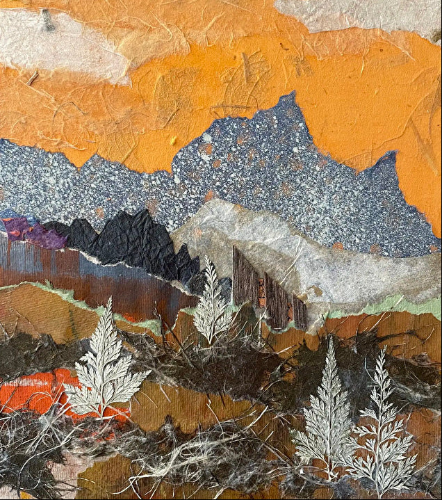Textured collage with earthy tones and natural elements. Assemblage of Place Serries II of 3 by Lisa Sachs