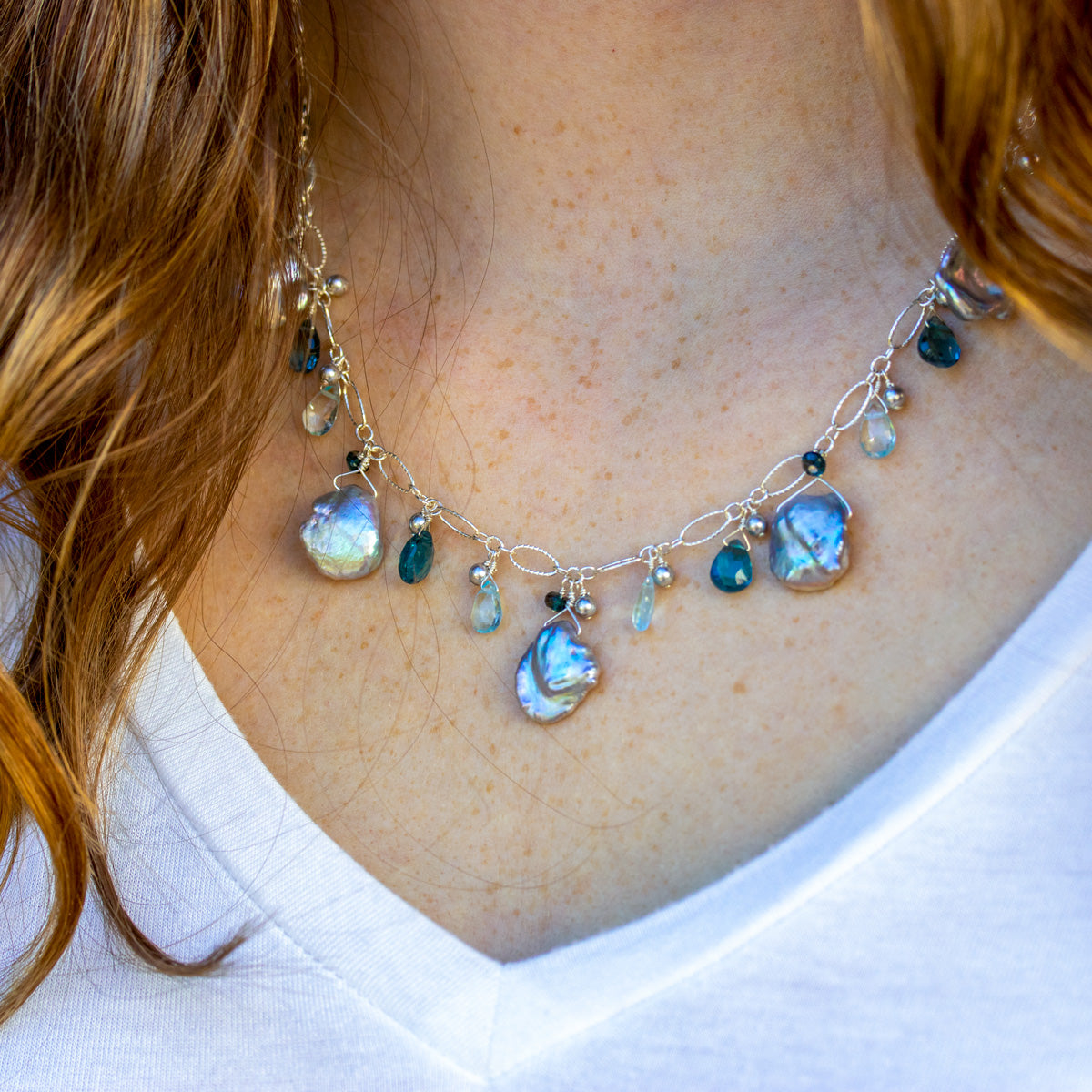 Keshi Pearl & Briolette Blue Topaz Necklace