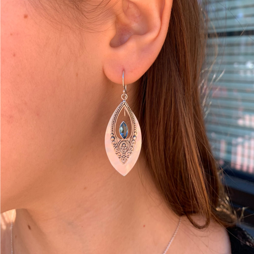 Mother of Pearl & Blue Topaz Dangle Earrings