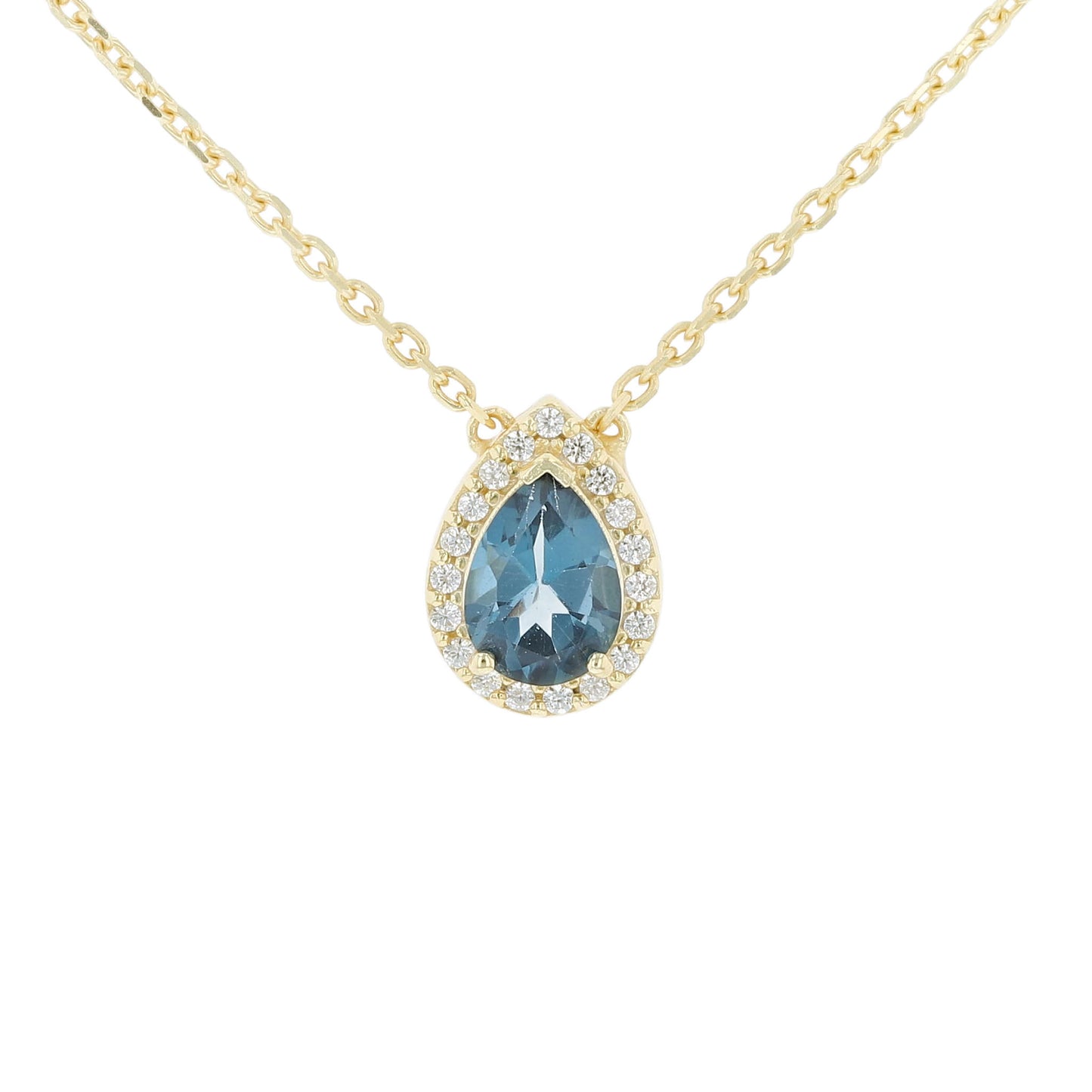 Gold Plated Silver London Blue Topaz Pear Halo Necklace