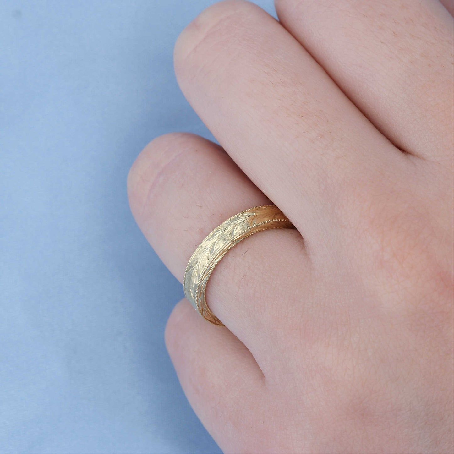 Yellow Gold Hand Engraved Wheat Band