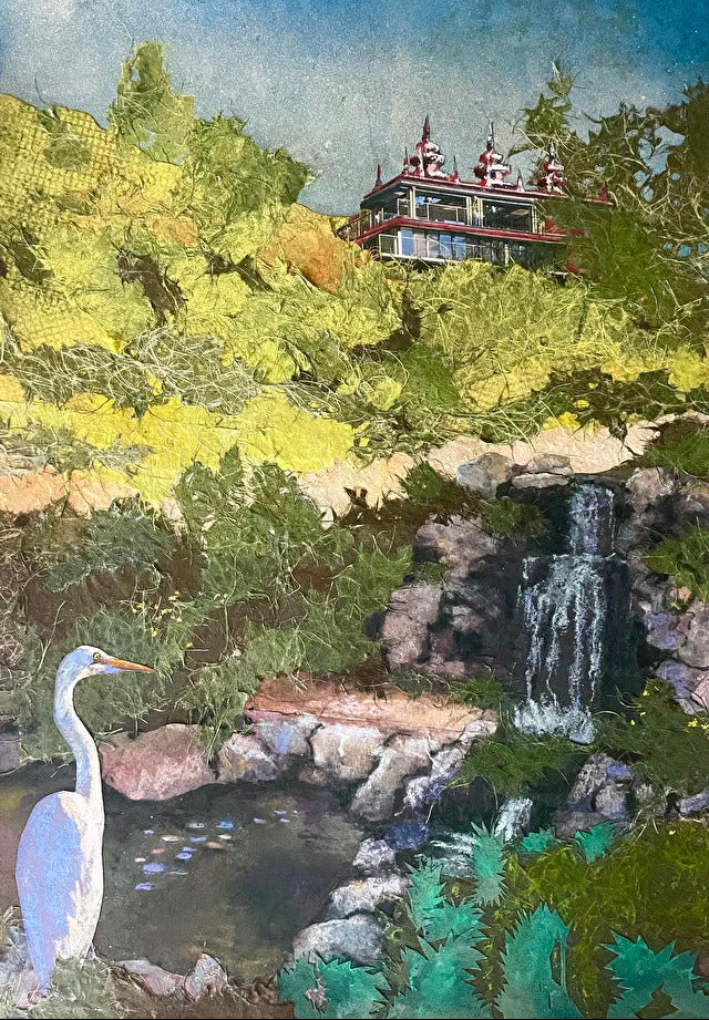 Scenic landscape with a pagoda, waterfall, and egret near a pond. Lone Bather by Lisa Sachs