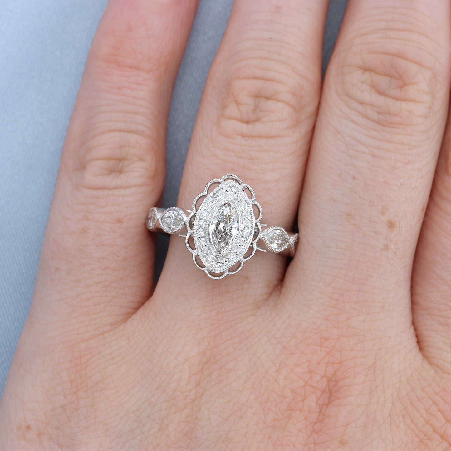 Vintage Scalloped Halo Marquise Diamond Engagement Ring
