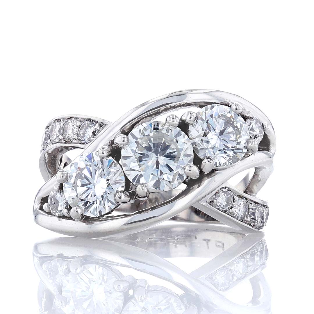 Three Stone Criss Cross Wave Diamond Engagement Ring