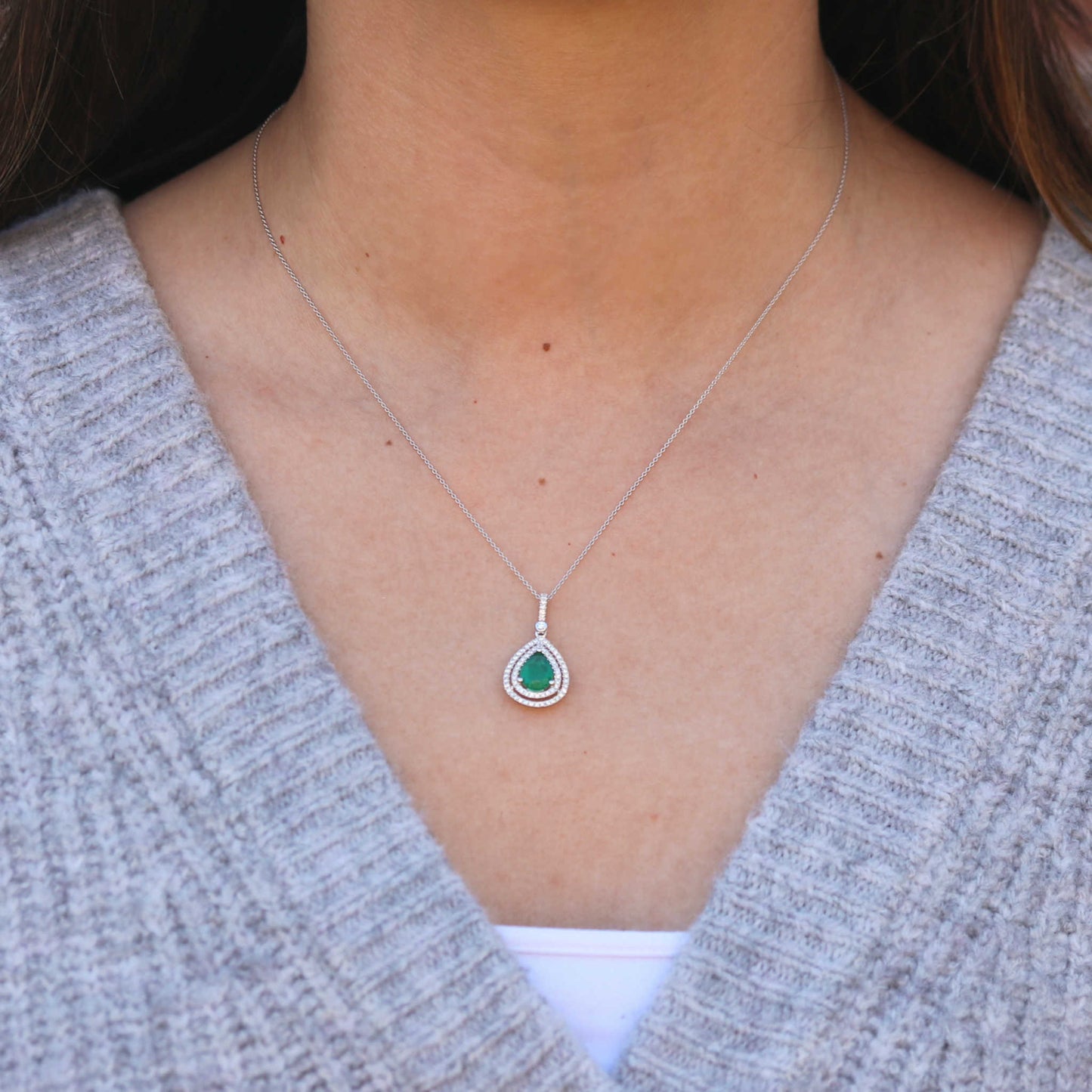 Emerald & Diamond Pear Halo Pendant