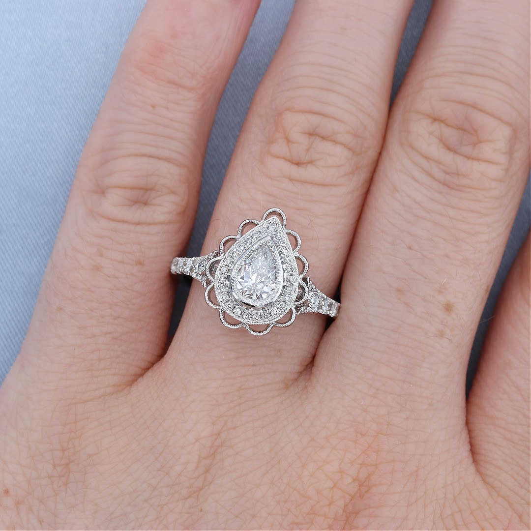 Scallop Halo Pear Diamond Engagement Ring
