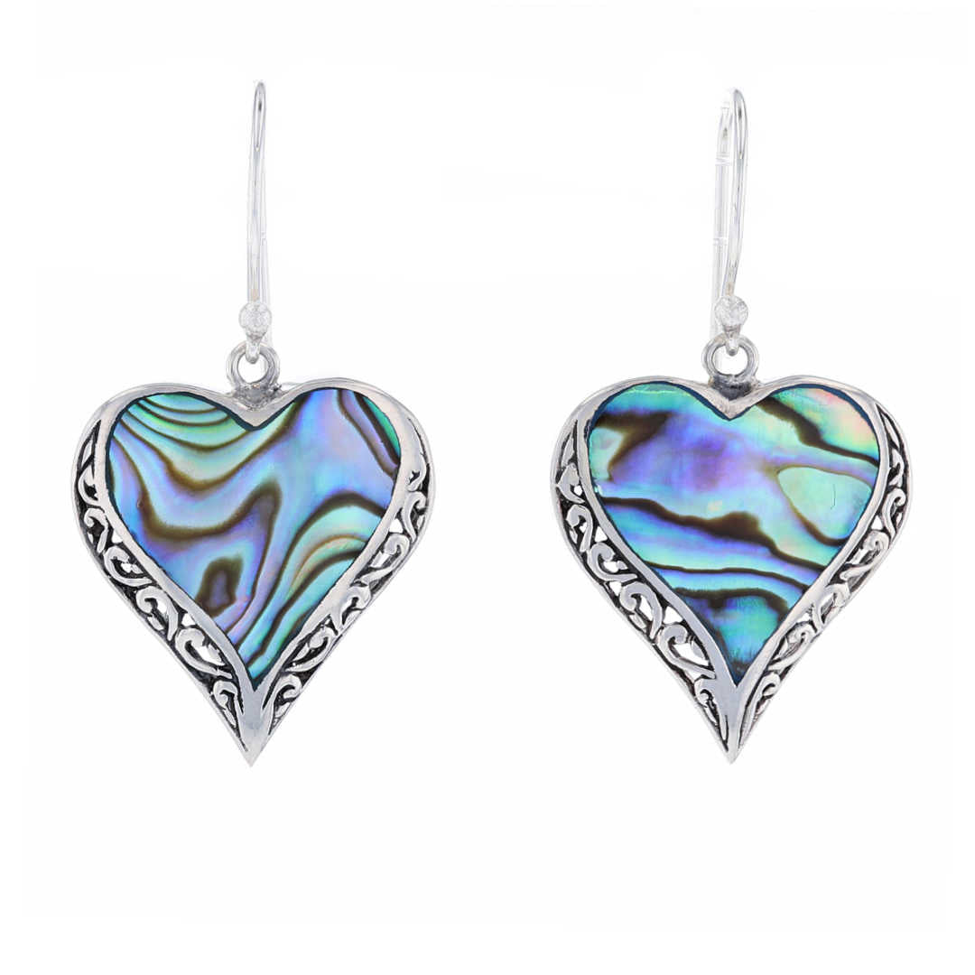Silver Heart Abalone Dangle Earrings