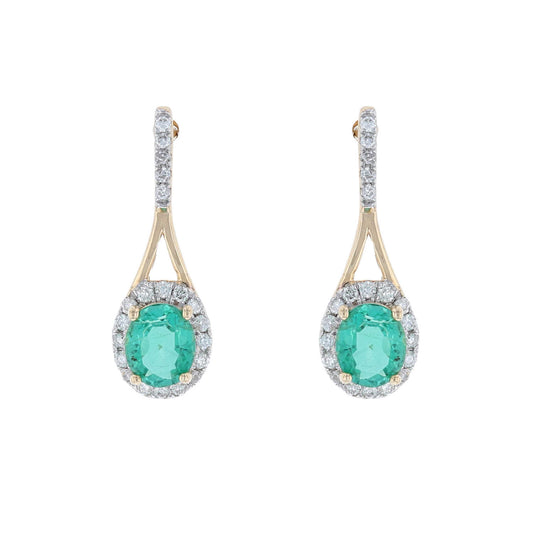 Oval Emerald Diamond Halo Dangle Earrings