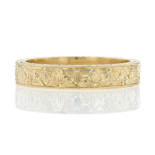 Yellow Gold Hand Engraved Quilted Flower Band