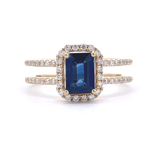 Emerald Cut Sapphire & Diamond Halo Ring