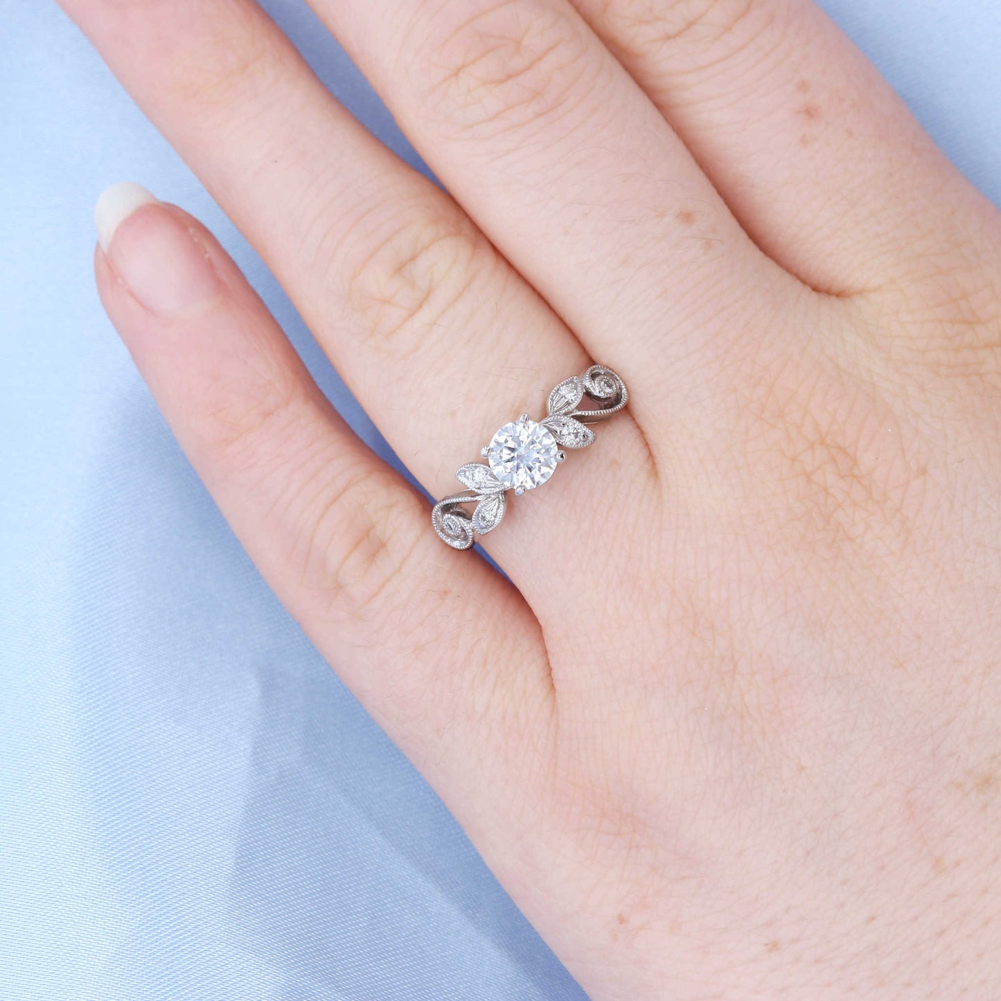 Milgrain Leaf Diamond Engagement Ring