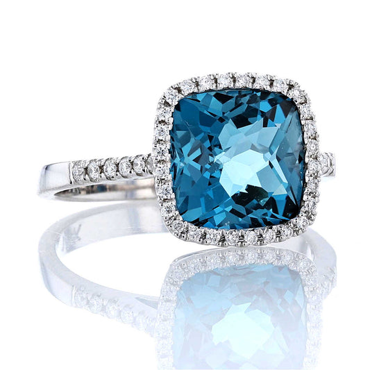 Cushion London Blue Topaz & Diamond Halo Ring