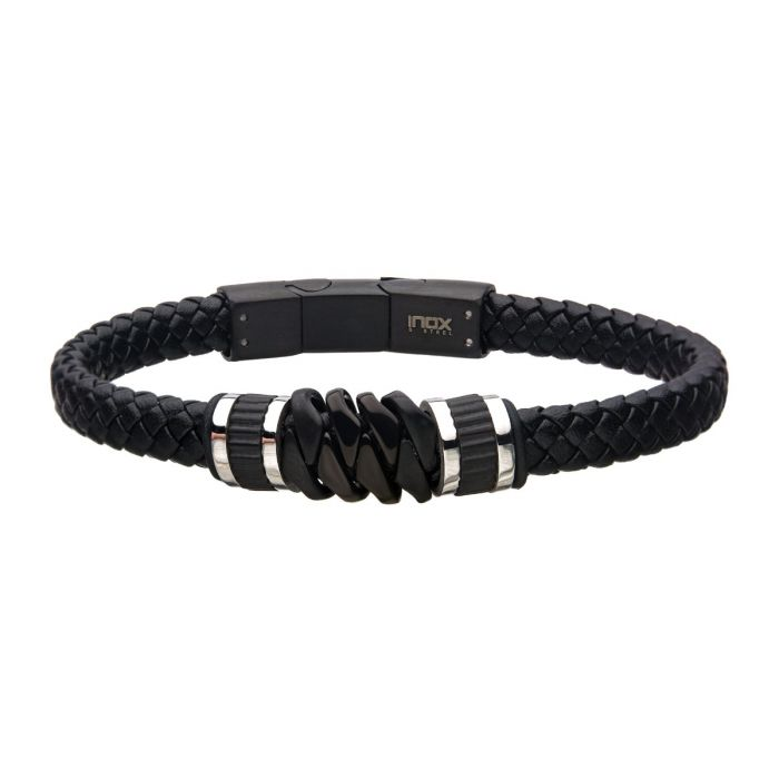 Steel & Black Leather Bead Bracelet