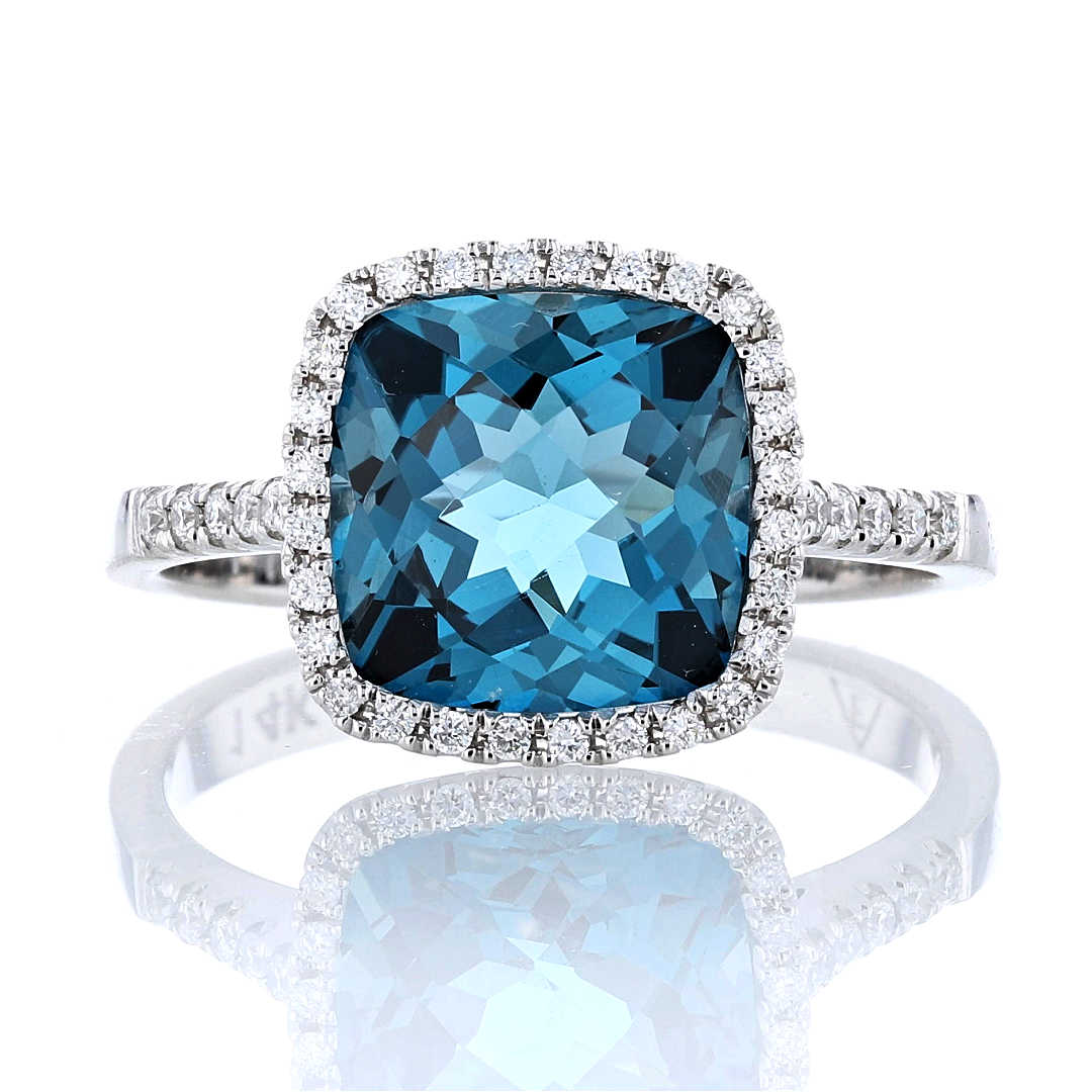 Cushion London Blue Topaz & Diamond Halo Ring