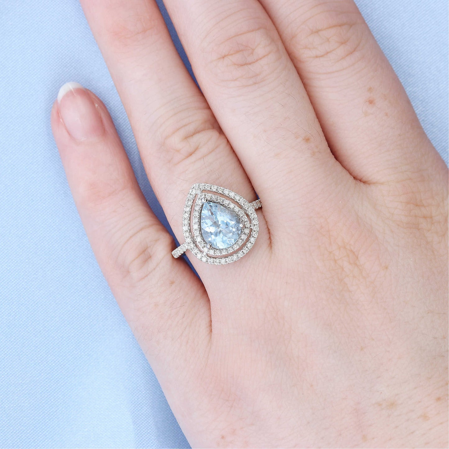 Aquamarine & Diamond Pear Double Halo Ring