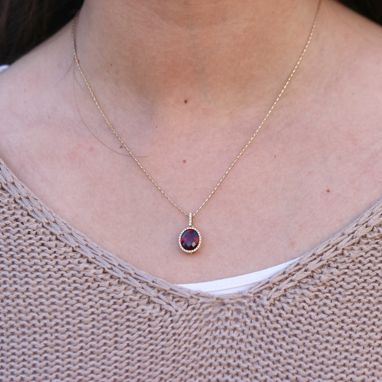 Garnet & Diamond Oval Halo Pendant