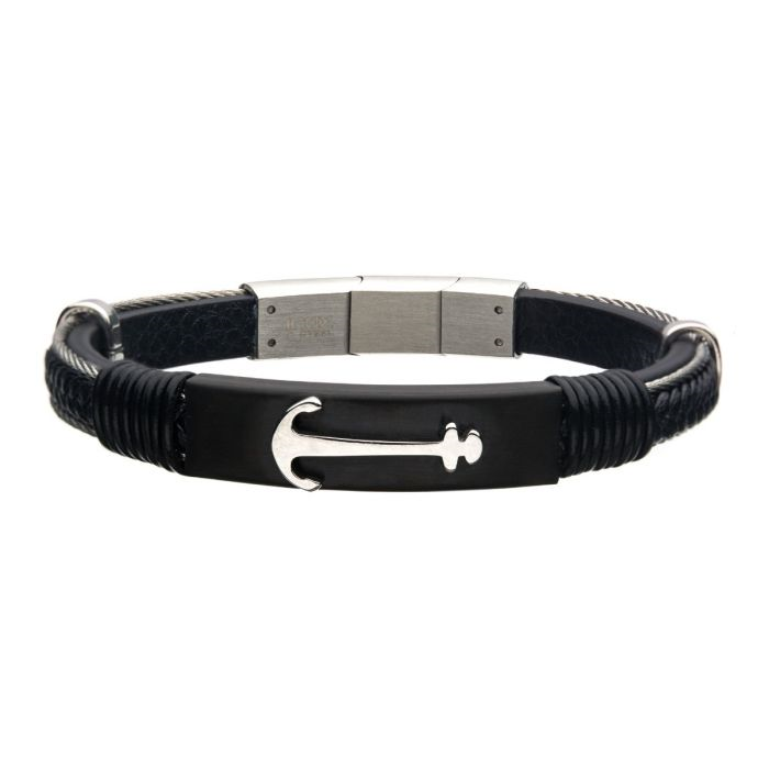 Matte Black Steel & Leather Anchor Bracelet