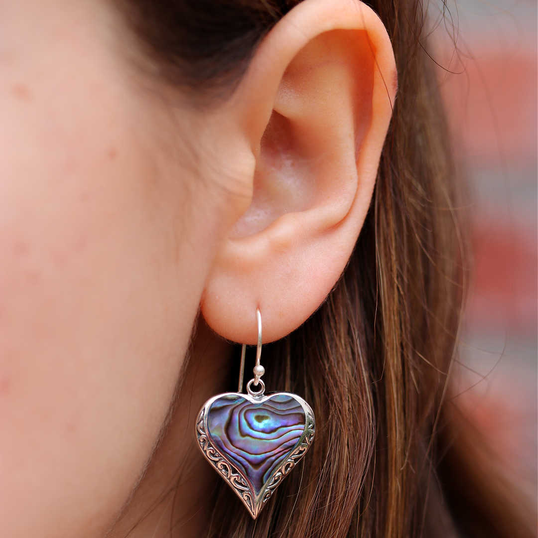 Silver Heart Abalone Dangle Earrings