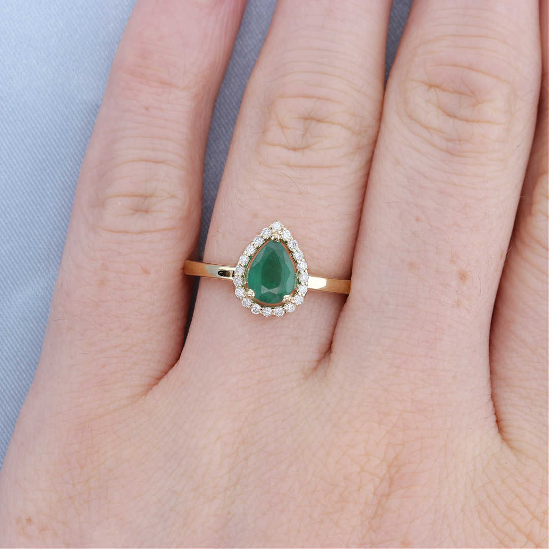 Emerald & Diamond Pear Halo Ring