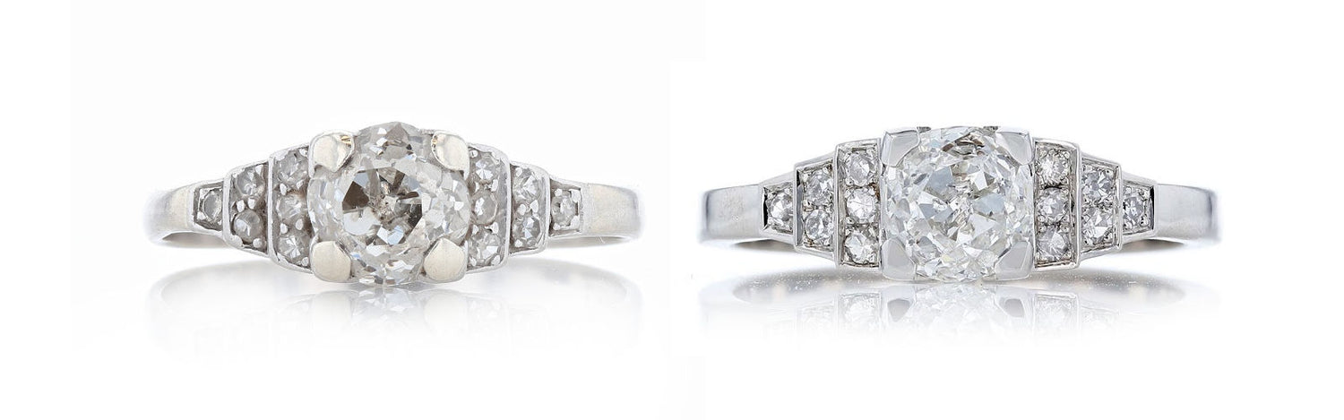 Art Deco style old european cut ring that was extremely thin and worn, next to the recreated version in platinum, built to last for decades to come.