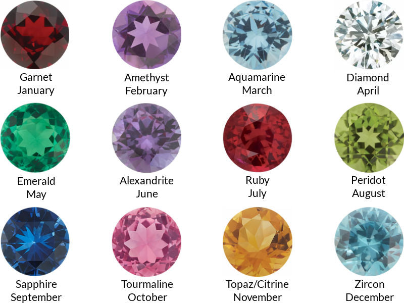 Shows birthstones by month with an image: January-garnet, february-amethyst, march-aquamarine, april-diamond, may-emerald, june-alexandrite, july-ruby, august-peridot, september-sapphire, october-tourmaline, november-topaz/citrine, december-zircon