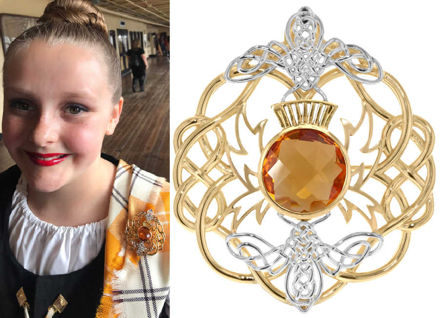 A celtic style two tone bee citrine brooch, plus a scottish dancer wearing it at a competition.