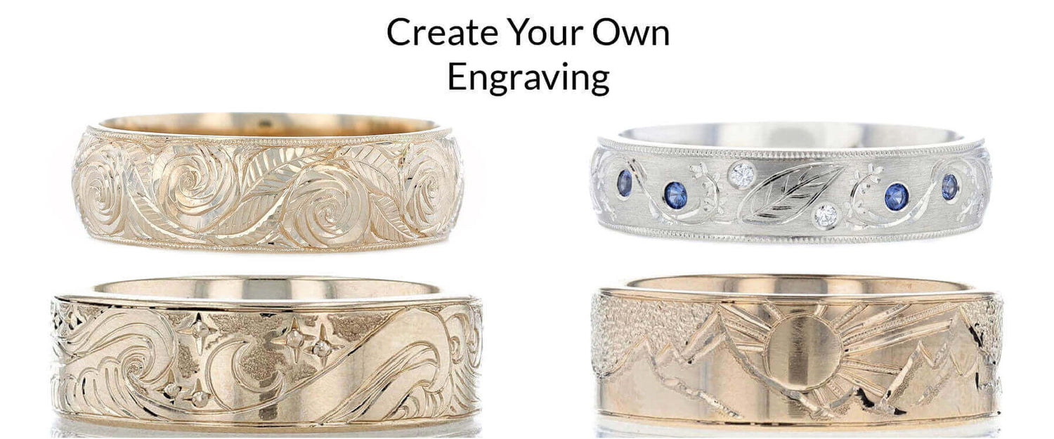 Four rings with examples of custom design engravings