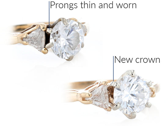Before photo of a worn crown, with some prongs not covering the diamond. After photo shows a new crown with rounded prongs and a secure diamond.