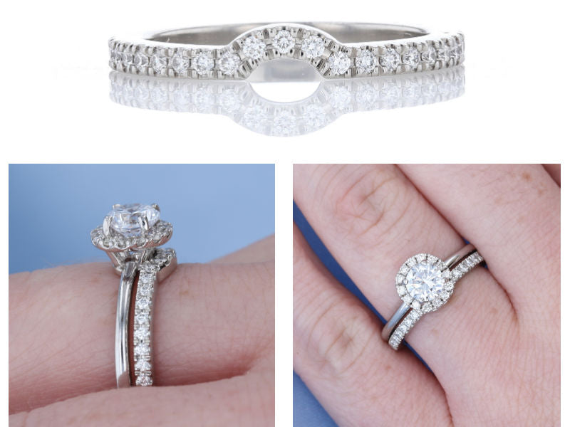 A curved wedding band, plus two views of it sitting flush next to a halo engagement ring