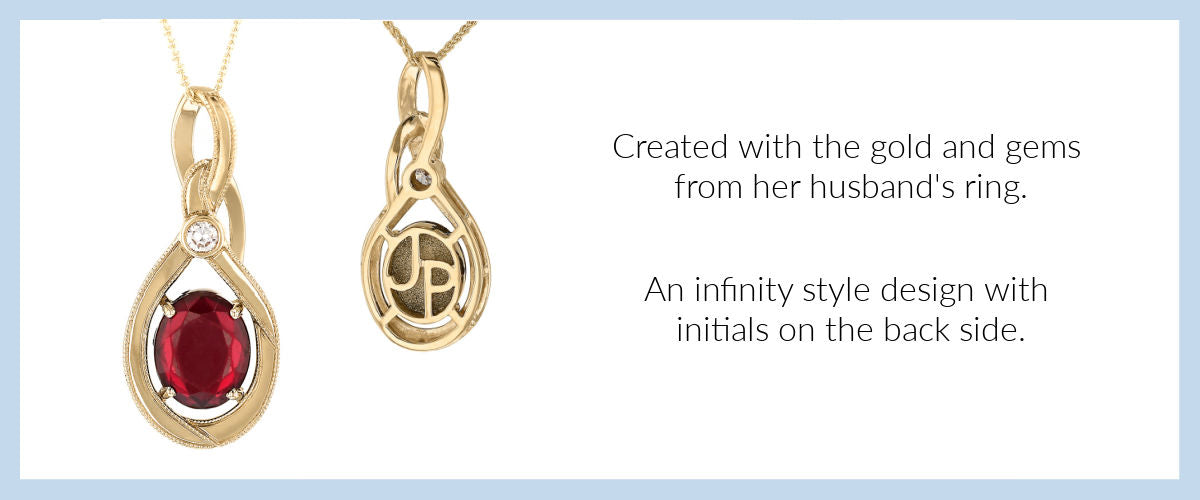 Infinity style pendant with initials on the back remade from the gold and gems from the client's husband's rings