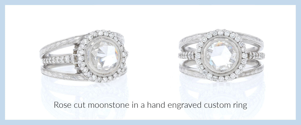 Rose cut moonstone in a hand engraved custom ring
