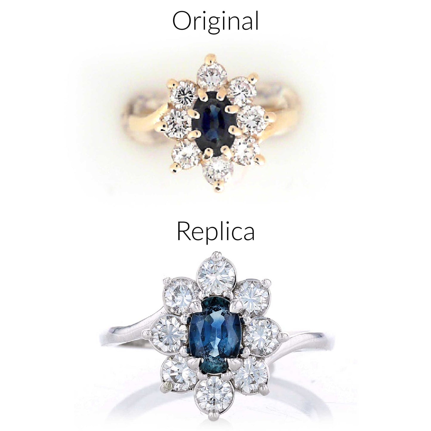 Sapphire & Diamond Halo Bypass Ring Original in Yellow Gold and Replica in White Gold