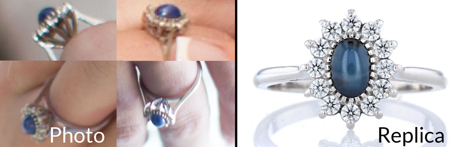 Reference photos and final product of a star sapphire halo replica ring