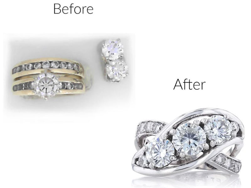 Before and after a custom 3 stone diamond engagement ring