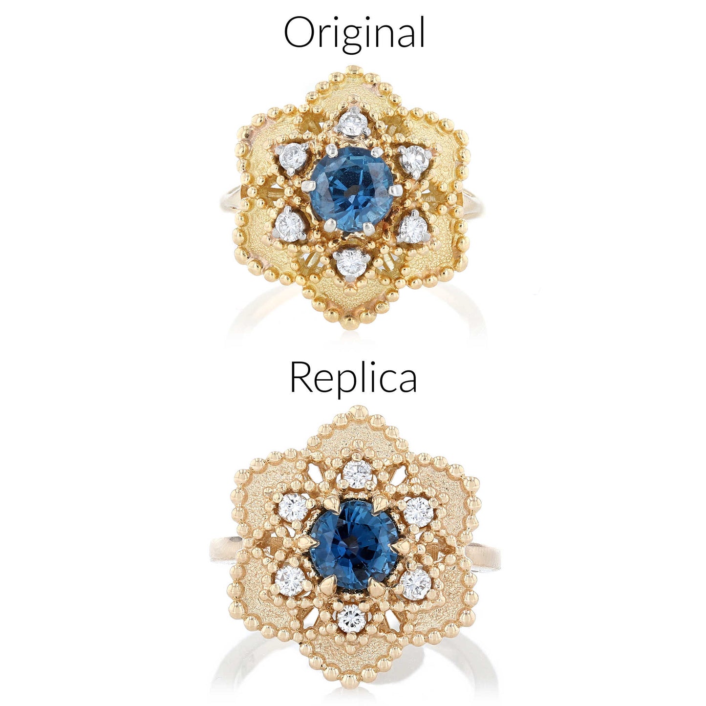 Sapphire & Diamond Flower Halo Ring Original and Replica