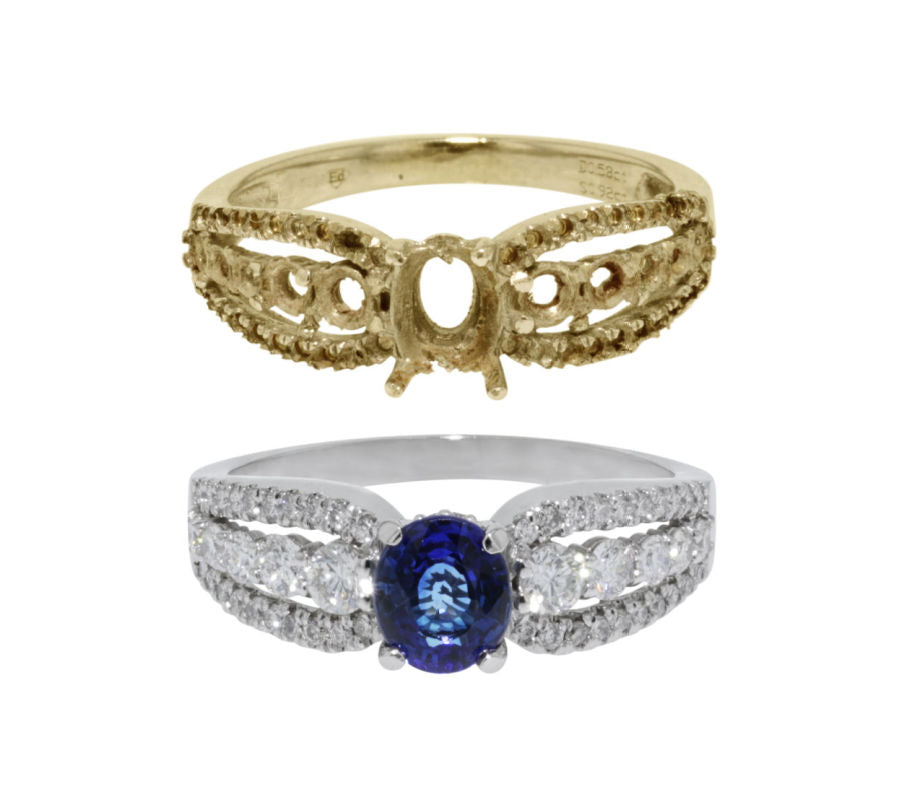 A diamond and sapphire ring in white gold, with the before in yellow gold.