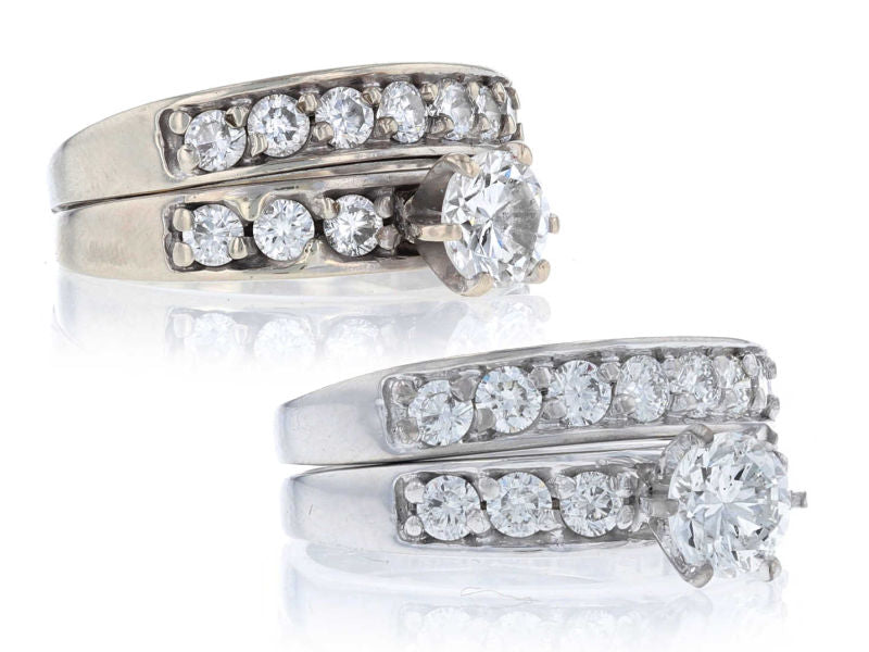 Beforeone image showing a darker, yellowish gray wedding set, one image showing the same rings rhodium plated to a bright white