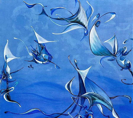 Abstract blue and white fish-like shapes on a blue background by Julia Pinkham