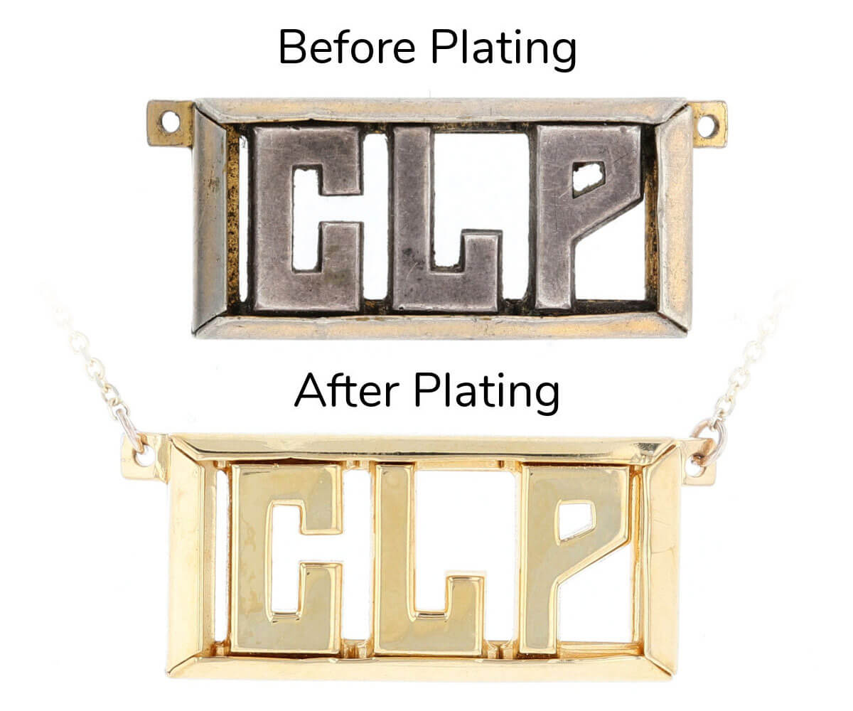 Name plate necklace with worn gold plating as the before with the same nameplate gold plated