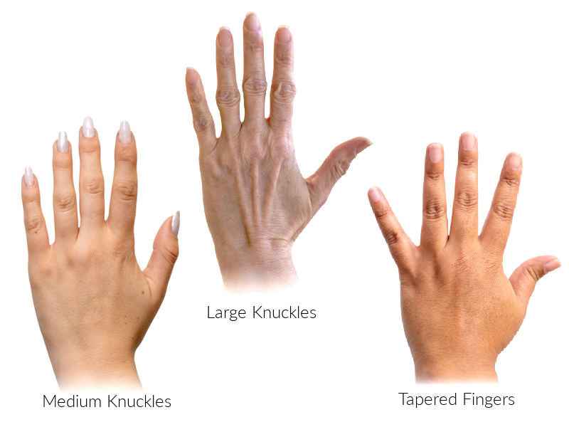 Three hands, one with medium knuckles, large knuckles, and tapered fingers