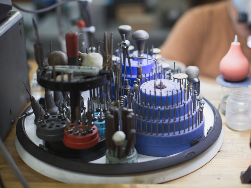 Tools on a jeweler's workbench