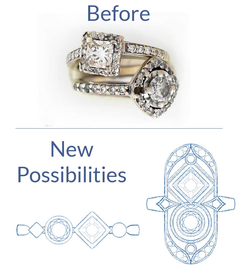 Before of two halo rings with missing stones, with two sketches of design options: one art nouveau/art deco style, and one clean, simple, and modern ring.