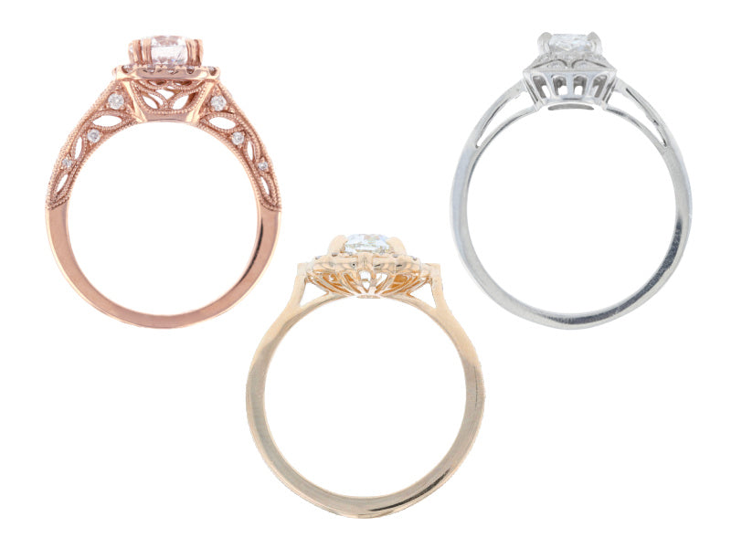 Three low set halo engagement rings