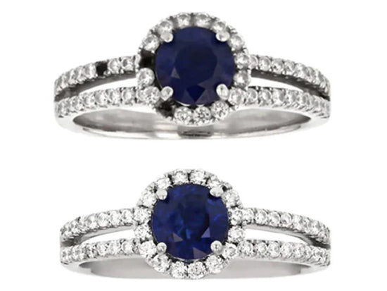 White gold sapphire halo split shank engagement ring before and after repairs
