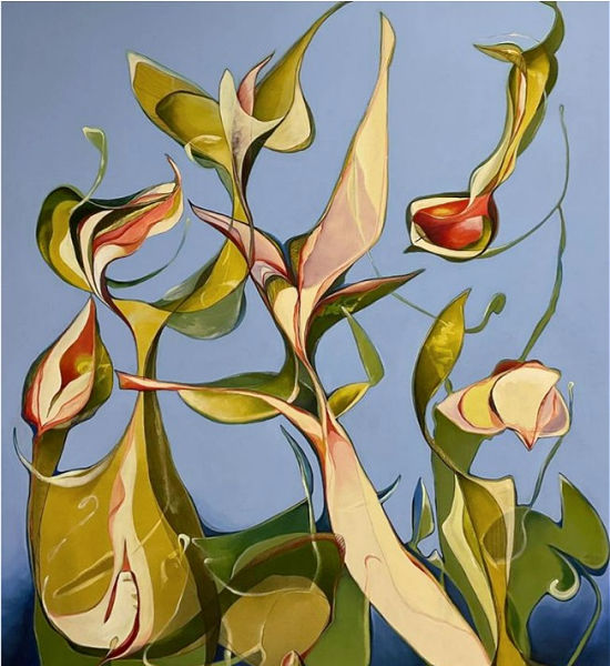 Abstract artwork of stylized flowers with a blue background by Julia Pinkham